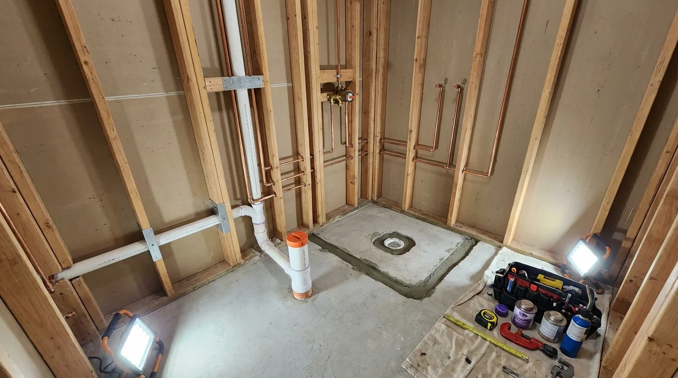 Bathroom rough-in plumbing during remodel by Johns Plumbing LLC in Roebling