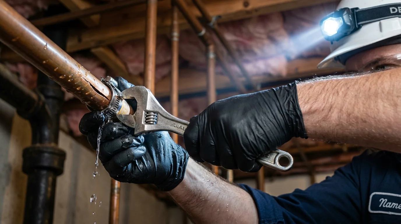 Emergency pipe clamp repair being performed by a Johns Plumbing LLC plumber in Roebling