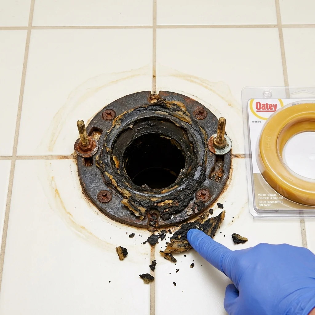 Failed wax ring showing water seepage at the base of a toilet in a Roebling, NJ home