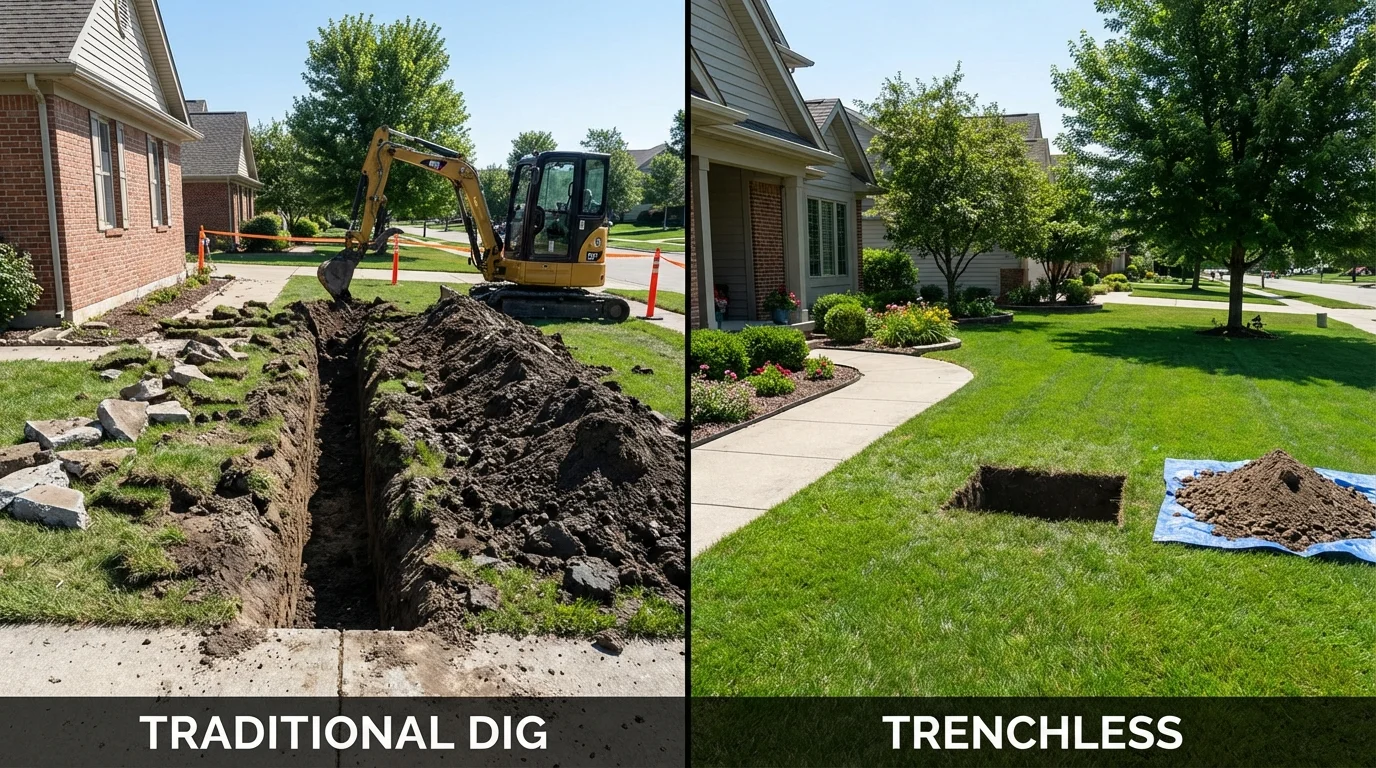 Trenchless sewer repair with minimal yard damage versus traditional excavation in Roebling, NJ